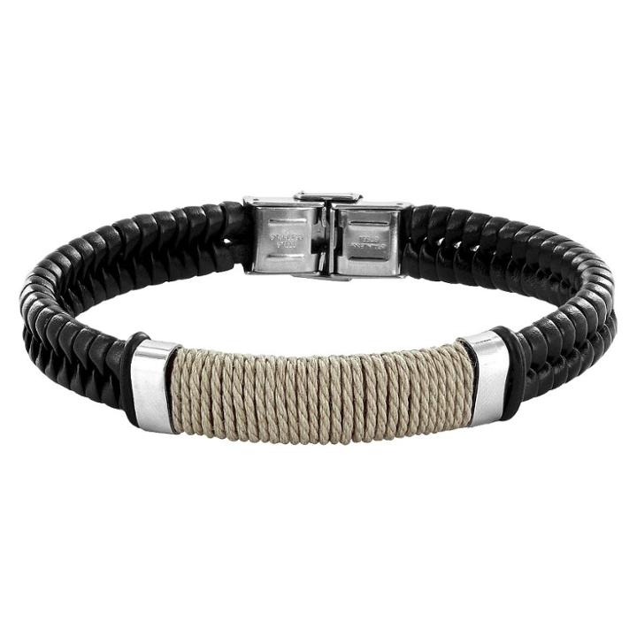 Men's Crucible Stainless Steel And Leather Bracelet With Wrapped Twine Center - Black