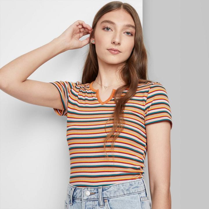 Women's Short Sleeve Notch Front Baby T-shirt - Wild Fable Brown Multi