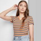 Women's Short Sleeve Notch Front Baby T-shirt - Wild Fable Brown Multi