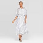 Target Women's Striped Short Sleeve Scoop Neck Drawstring Volume Sleeve A Line Dress - Prologue Fresh White
