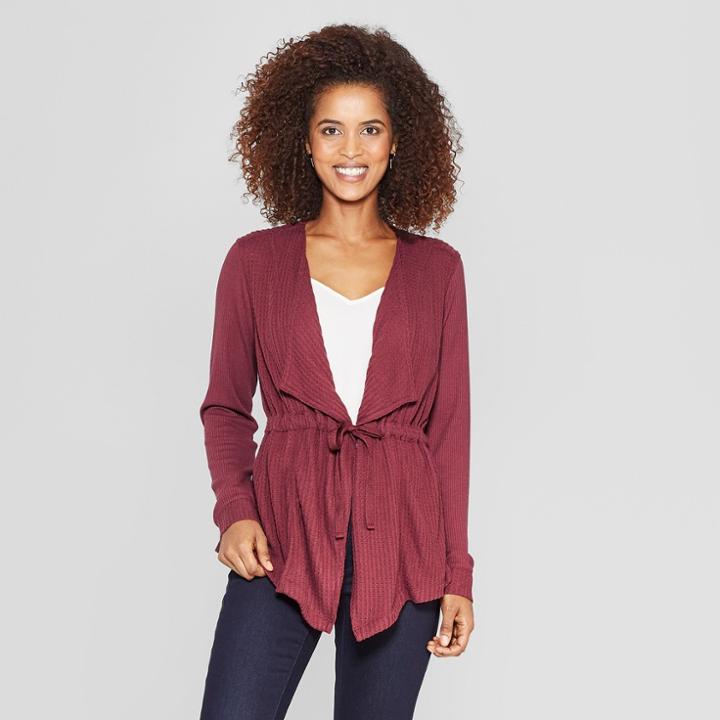 Women's Long Sleeve Waffle Open Cardigan - Knox Rose Burgundy