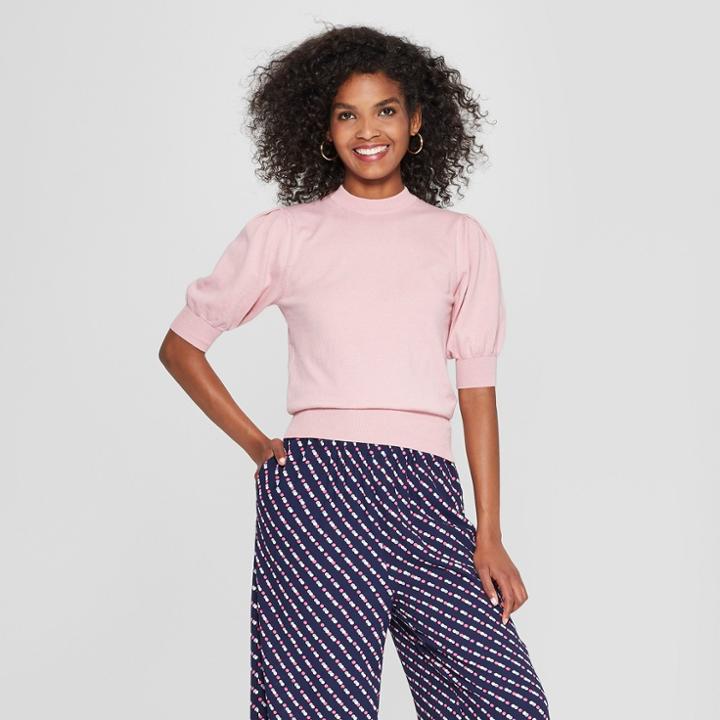Women's Short Puff Sleeve Crew Neck Sweater - Who What Wear Pink