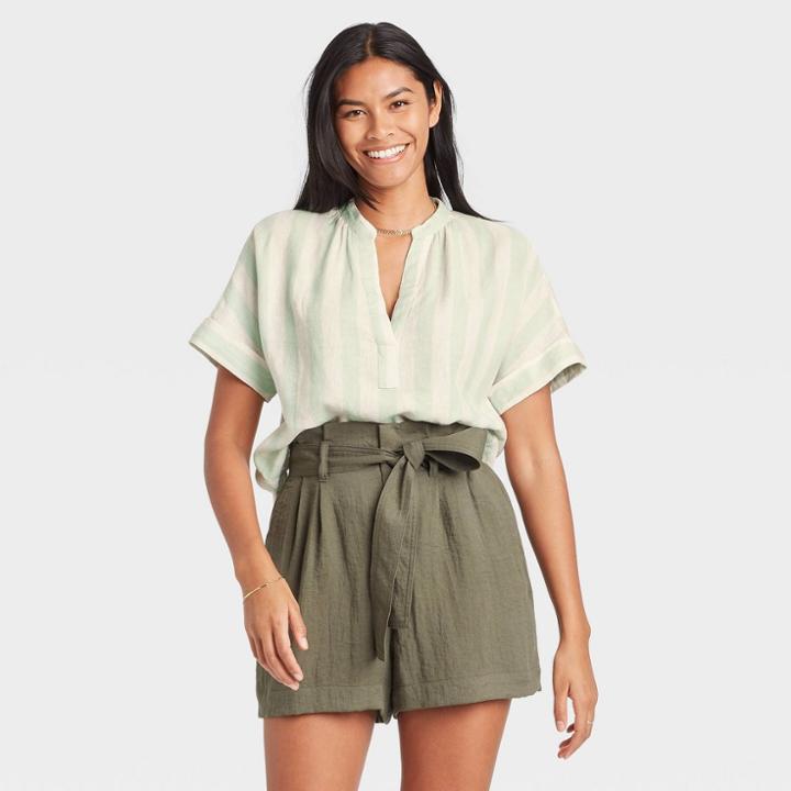 Women's Striped Short Sleeve Top - A New Day Green