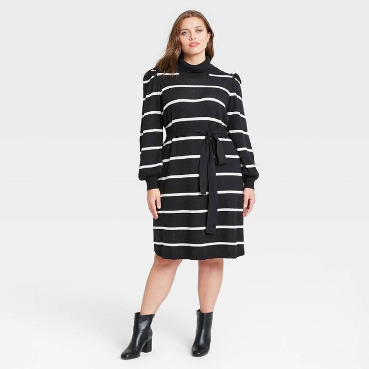 Women's Plus Size Striped Balloon Long Sleeve Sweater Dress - Who What Wear Black