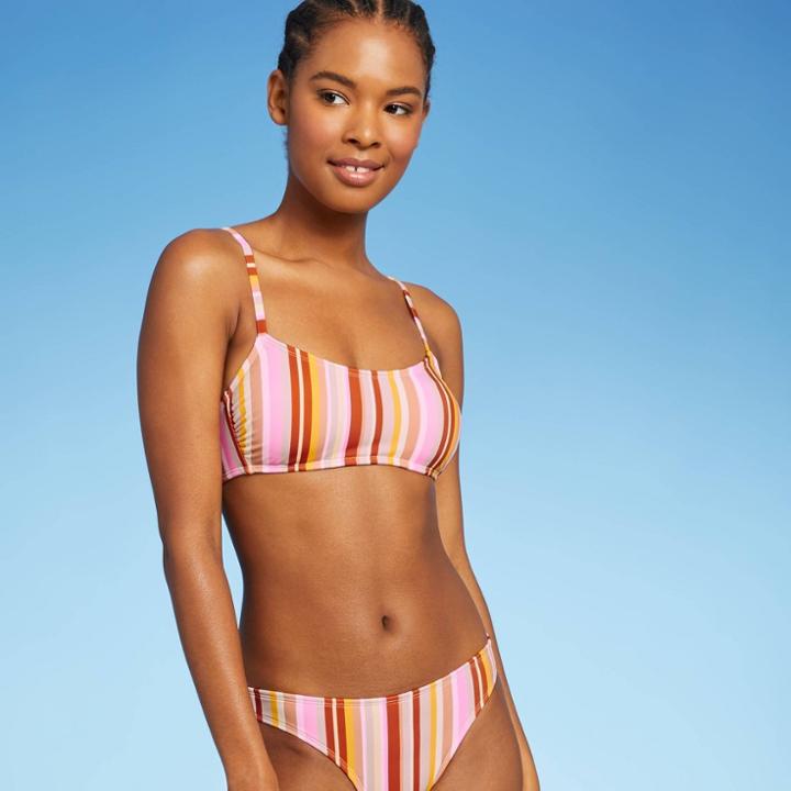 Juniors' Scoop Neck Bralette Bikini Top - Xhilaration Multi Stripe L, Beige/pink/blue