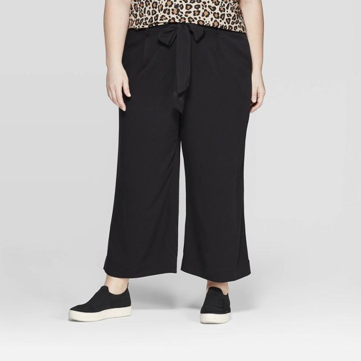 Women's Plus Size Tie Waist Pants - Ava & Viv Black
