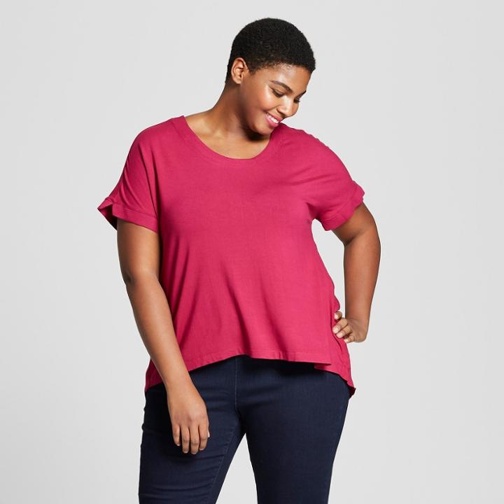Women's Plus Size Mixed Media Short Sleeve T-shirt - Ava & Viv Berry Dot Print X, Pink