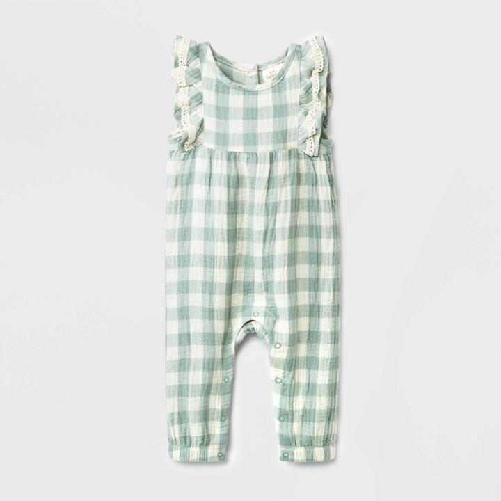 Baby Girls' Gingham Gauze Long Leg Romper - Cat & Jack Mint Green