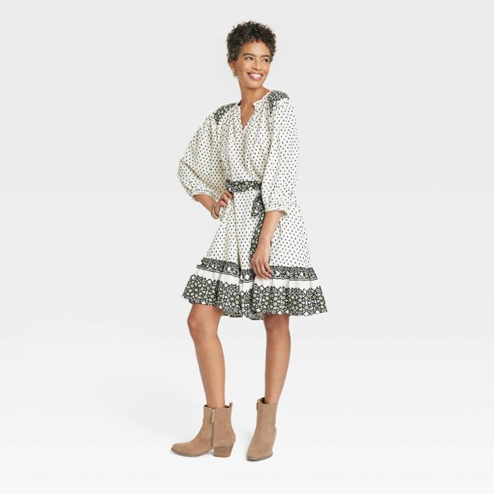Women's 3/4 Sleeve A-line Dress - Knox Rose Cream Polka Dots Xs, Ivory Polka Dots