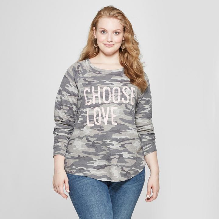 Women's Plus Size Long Sleeve Choose Love Camo Graphic T-shirt - Grayson Threads (juniors') Gray