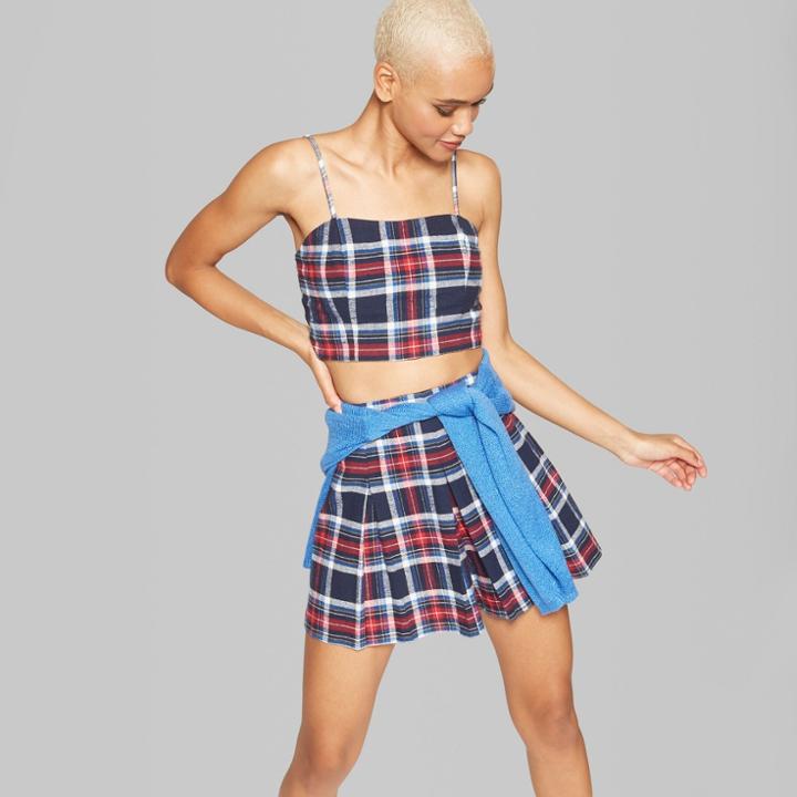 Women's Plaid Strappy Cropped Woven Top - Wild Fable Blue/red