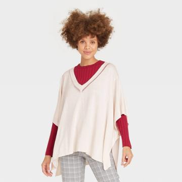 Women's V-neck Knit Poncho - A New Day Heather Cream One Size, Grey Ivory