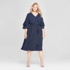 Women's Plus Size Printed Ruffle Sleeve Wrap Midi Dress - Ava & Viv Navy