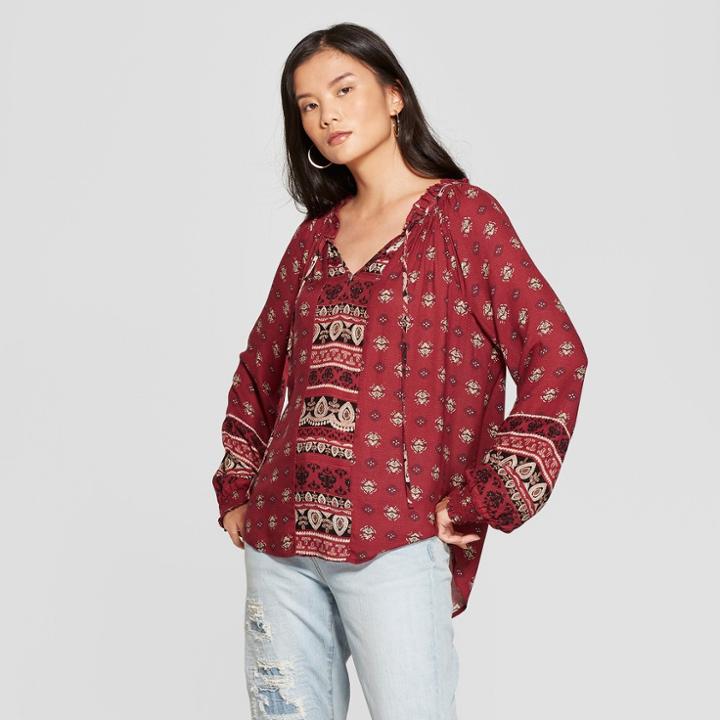 Women's Printed Long Sleeve Peasant Top - Knox Rose Red