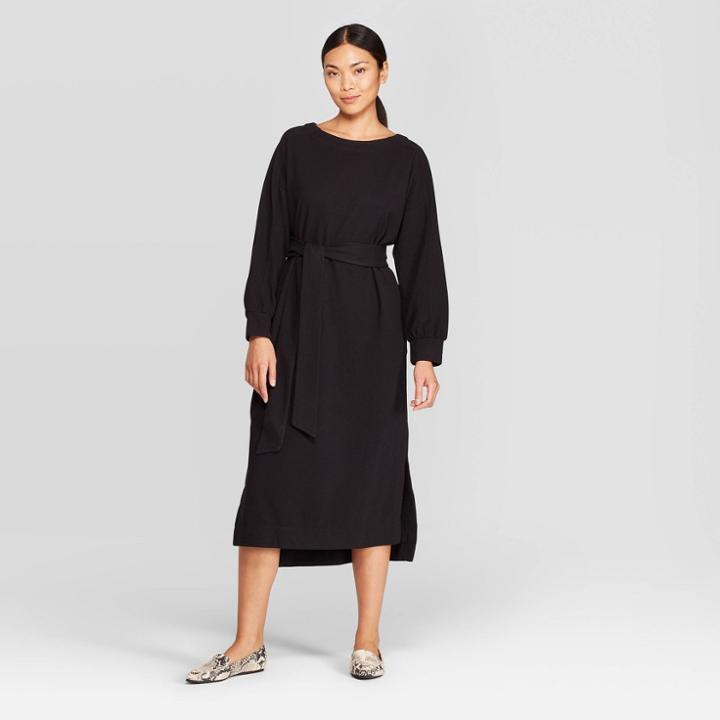 Women's Casual Fit Long Sleeve Boat Neck Midi Shift Dress - Prologue Black M, Women's,