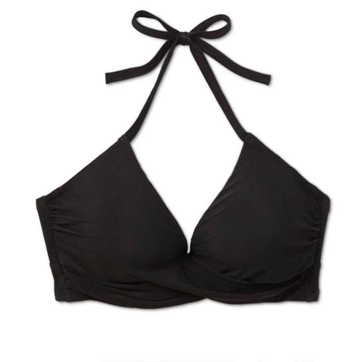 Women's Lightly Lined Ribbed Wrap Front Bikini Top - Shade & Shore Black