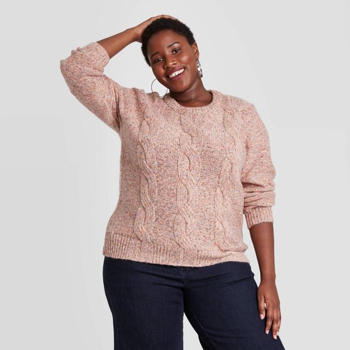 Women's Plus Size Crewneck Cable Knit Pullover Sweater - A New Day Blush Peach