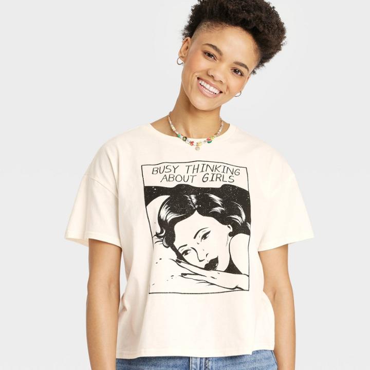 Threadless Pride Adult Busy Thinking About Girls Short Sleeve Cropped T-shirt - Cream