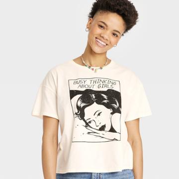 Threadless Pride Adult Busy Thinking About Girls Short Sleeve Cropped T-shirt - Cream