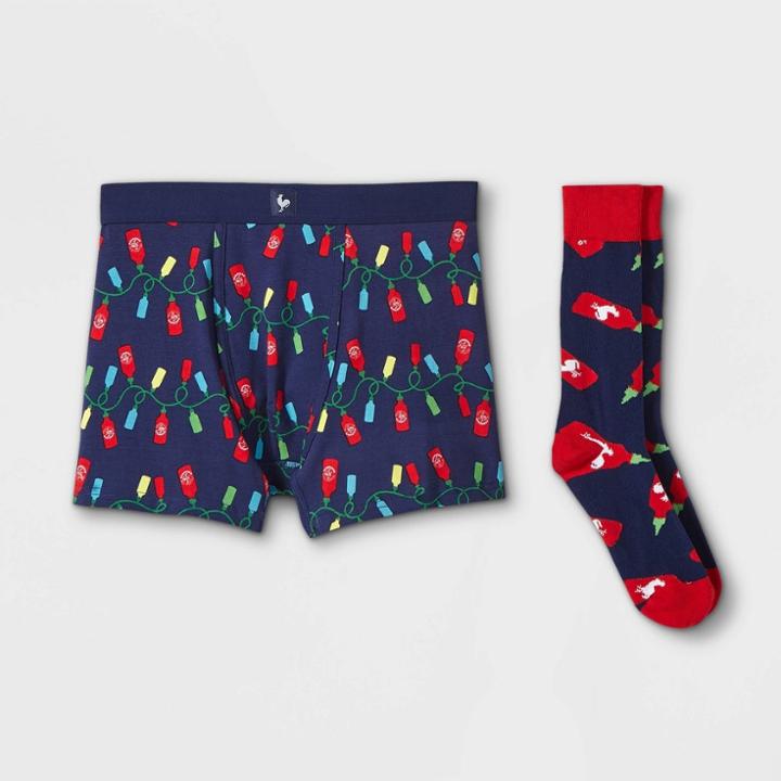 Men's Holiday Sriracha Saucy Lights Boxer Briefs & Socks Set - Navy/red