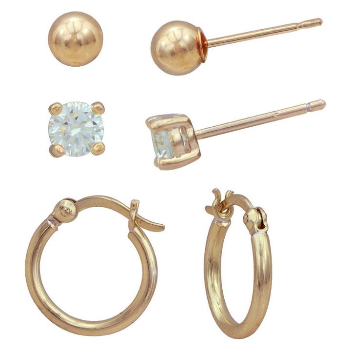 Target Earring Set Plated Cubic Zirconia/ball/hoop - 3pk - Gold/clear, Yellow