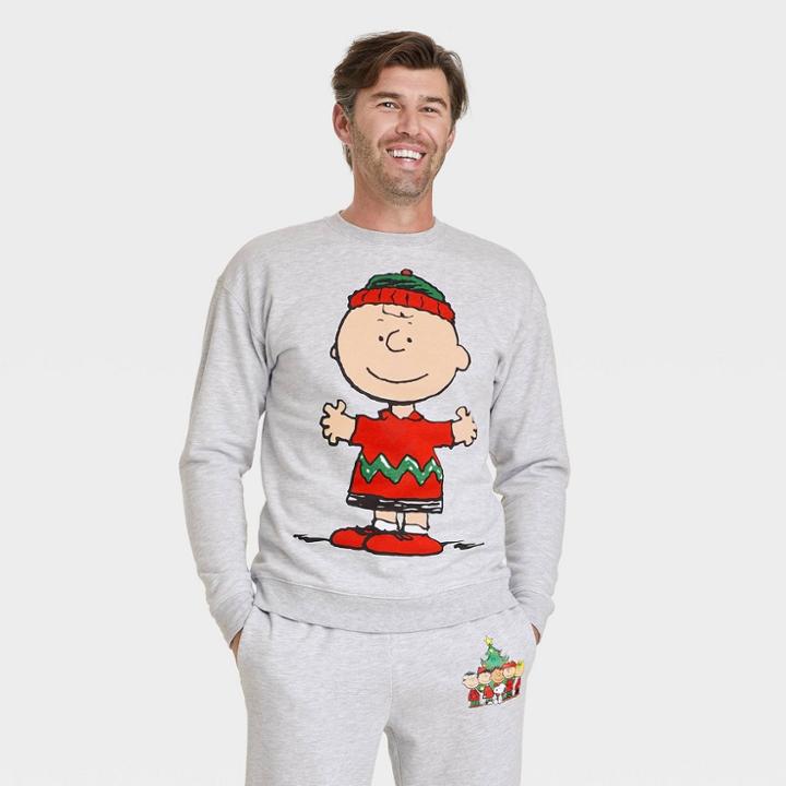 Men's Peanuts Charlie Family Holiday Graphic Sweatshirt - Light Gray Wash