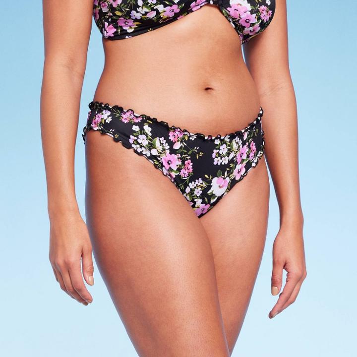 Women's Ruffle Cheeky Bikini Bottom - Shade & Shore Black Floral Print