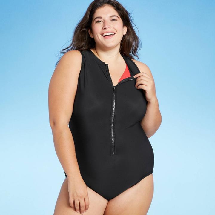 Women's Plus Size High Neck Zip-up One Piece Swimsuit - Aqua Green Black