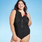 Women's Plus Size High Neck Zip-up One Piece Swimsuit - Aqua Green Black