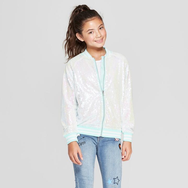 Girls' Disney Princess Ariel Flounder Sequin Bomber Jacket - Turquoise