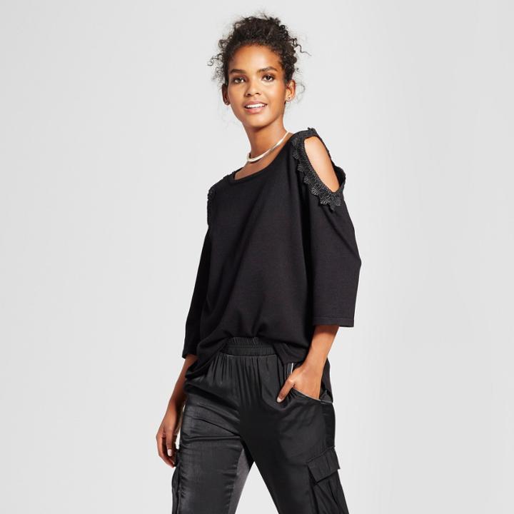 Women's 3/4 Sleeve Lace Trim Cold Shoulder Top - Alison Andrews Black