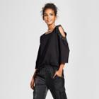 Women's 3/4 Sleeve Lace Trim Cold Shoulder Top - Alison Andrews Black