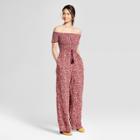 Women's Floral Print Short Sleeve Smocked Off The Shoulder Jumpsuit - Xhilaration Berry (pink),
