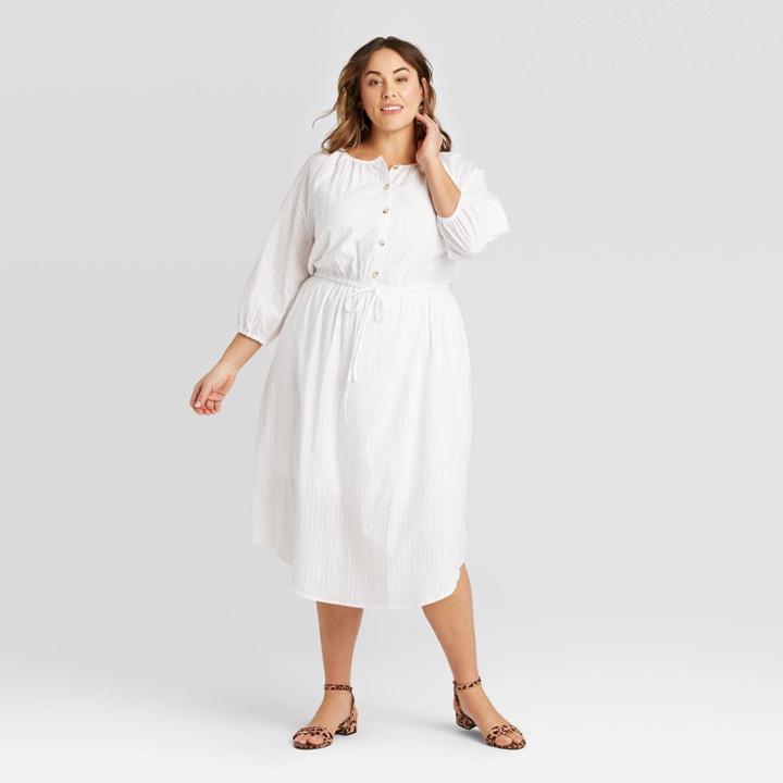 Women's Plus Size Long Sleeve Textured Button-front Dress - Ava & Viv White X