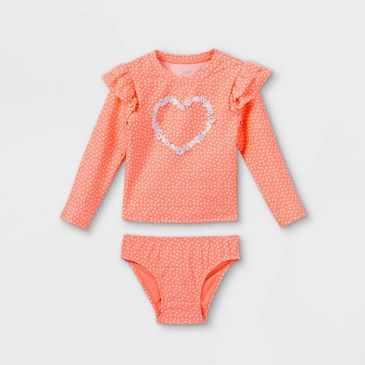 Toddler Girls' 2pc Heart Floral Ruffle Long Sleeve Rash Guard Set - Cat & Jack Moxie Peach
