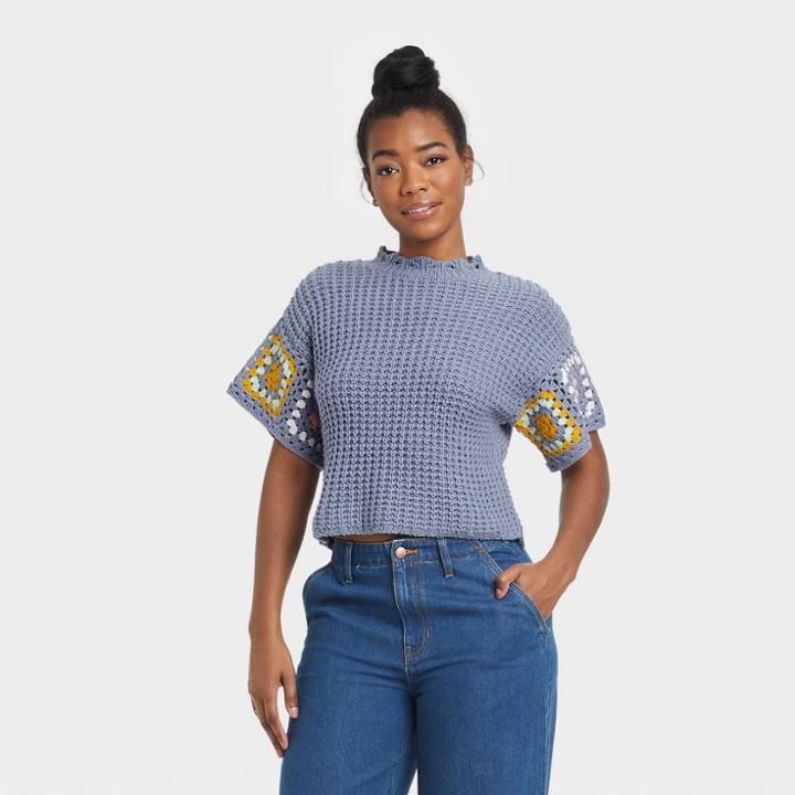 Women's Short Sleeve Crewneck Crochet Pullover Sweater - Universal Thread Purple