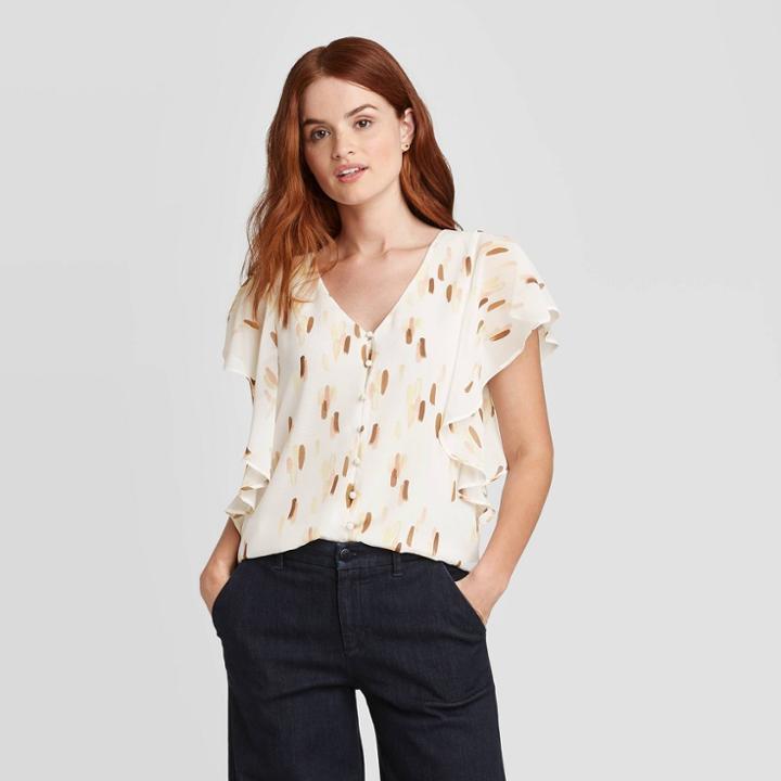 Women's Geometric Print Flutter Short Sleeve Button-front Top - A New Day White