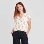 Women's Geometric Print Flutter Short Sleeve Button-front Top - A New Day White