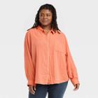 Women's Plus Size Long Sleeve Relaxed Fit Gauze Button-down Shirt - Universal Thread Coral Orange