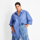 Women's Plus Size Long Sleeve Button-down Shirt - Future Collective With Kahlana Barfield Brown Blue Pinstriped