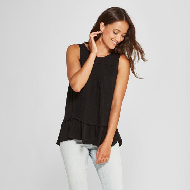 Women's Polka Dot Smocked Front Knit To Woven Tank - Knox Rose Black