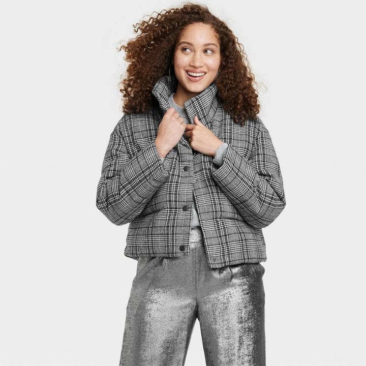 Women's Faux Leather Puffer Jacket - A New Day Black Plaid