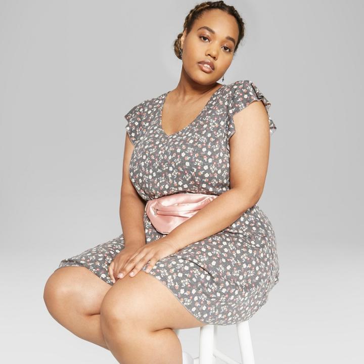 Women's Plus Size Floral Print Short Sleeve V-neck Rib Knit Dress - Wild Fable Black