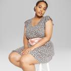 Women's Plus Size Floral Print Short Sleeve V-neck Rib Knit Dress - Wild Fable Black