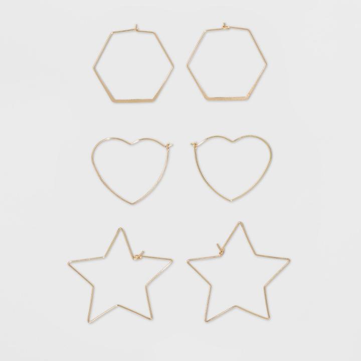 Hoop Trio With Hexagon, Heart, And Star Shape Earring Set - Wild Fable Gold
