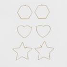 Hoop Trio With Hexagon, Heart, And Star Shape Earring Set - Wild Fable Gold