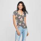 Women's Floral Print Short Sleeve Cutout Detail Marled Slub T-shirt - Almost Famous (juniors') Black
