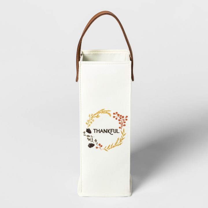 Thankful Canvas Wine Bag With Leather Handle White/brown - Threshold ,