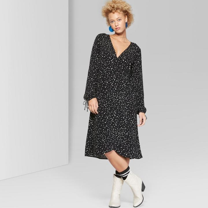Women's Star Print Long Sleeve Wrap Midi Dress - Wild Fable Black
