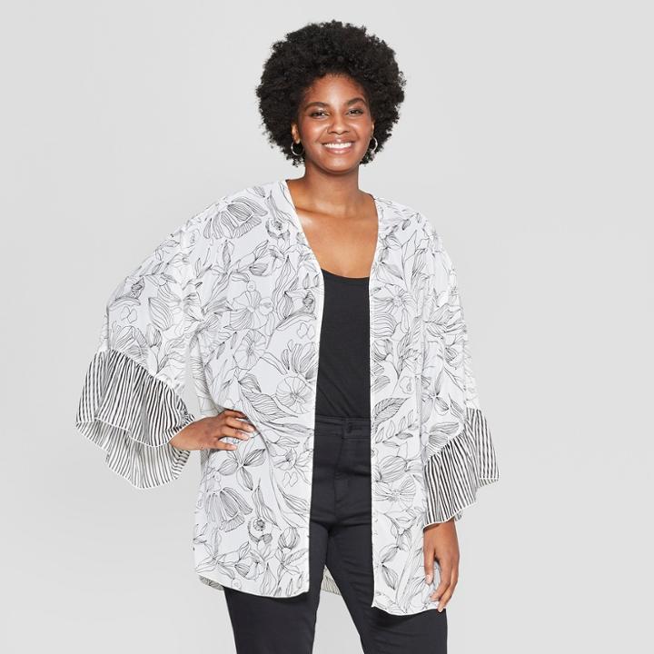 Women's Floral Print Plus Size Kimono - A New Day Black/white